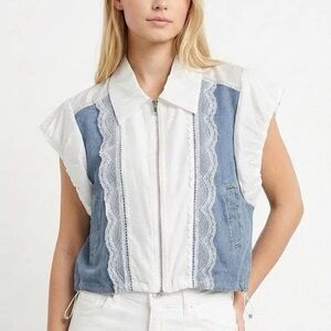 Adorable Size S White and Light Blue Lace Trim Zip Jacket/shirt